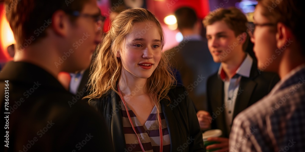 Young adult girl smiling candidly while socializing at a party environment Young adult girl smiling candidly while socializing at a party environment