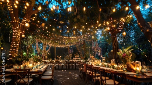 A picturesque outdoor venue transformed into a magical garden party, with twinkling fairy lights strung among lush foliage and elegant tables set for an enchanting soir