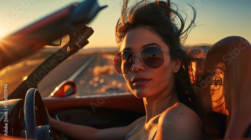 Closeup portrait of yooung woman driving convertible sports car at sunset photo