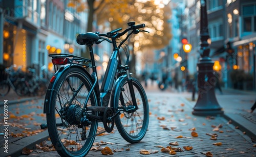 Electric bike parked in an urban environment, equipped with a digital display showing speed and battery status, representing the fusion of fitness and technology.