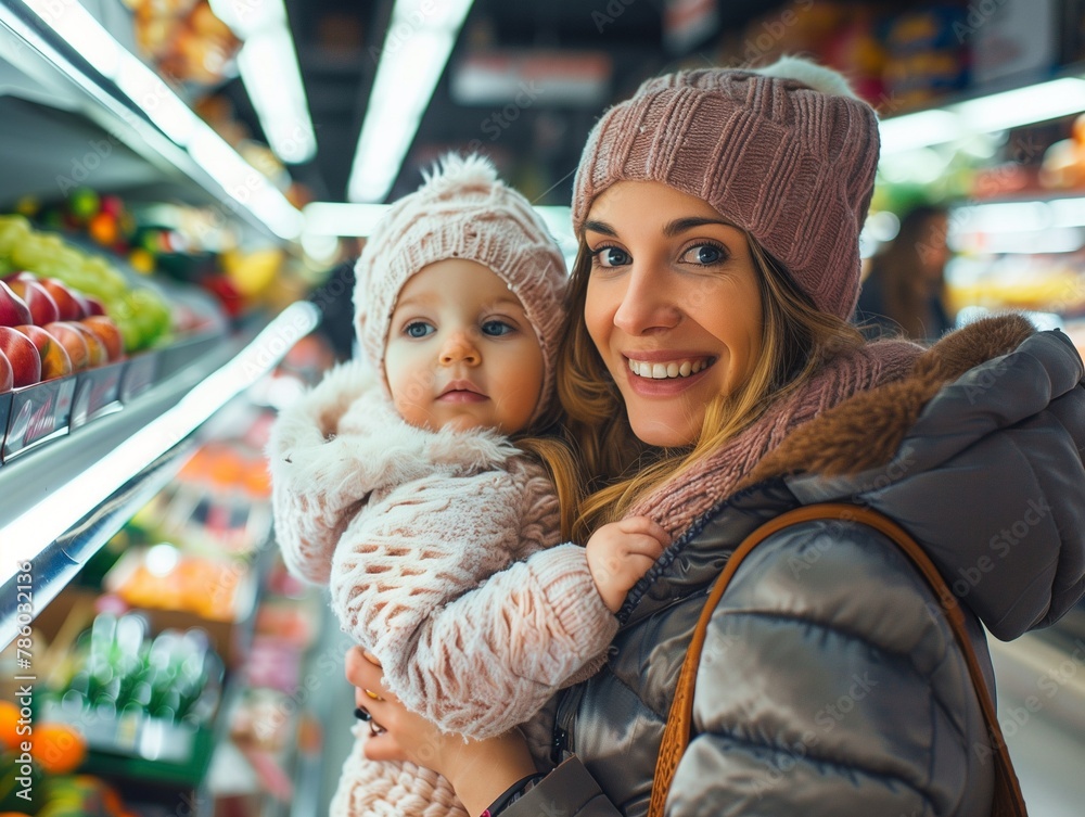 Obraz premium Happy mother and child shopping together in the supermarket during winter, Ai generate