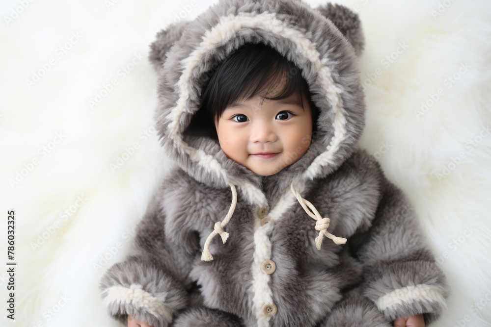 A baby wearing a bear coat is smiling A baby wearing a bear coat is smiling