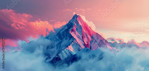 A mountain covered in snow and clouds with a pink sky in the background #786032329