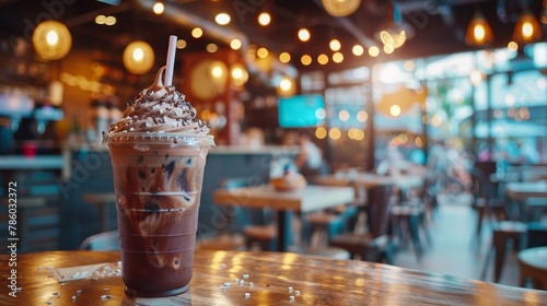 Cup frappe food photography on blurred background with copy space for text placement