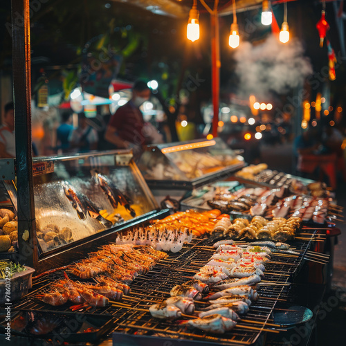 Traditional asian night market with delicious seafood and exotic food for tourist. Shell and marinated fish on the counter of a street restaurant for grilling. Night photo under fluorescent light. 
