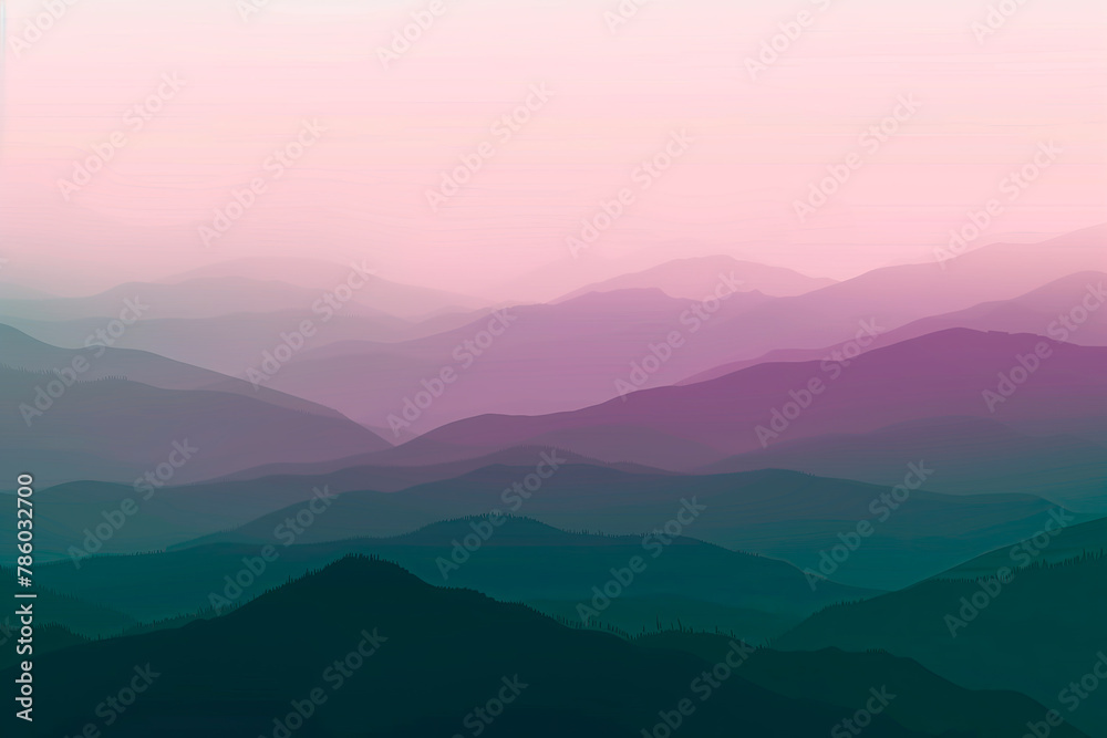 Layered mountain landscape in pink and teal hues, tranquil dawn. Layered mountain landscape in pink and teal hues, tranquil dawn.