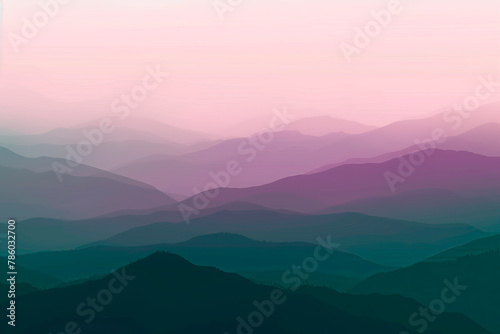 Layered mountain landscape in pink and teal hues, tranquil dawn.