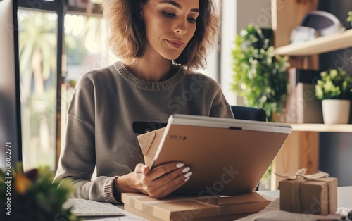 A young woman in her home office is sitting at the table, surrounded by boxes of products on which she has just been working with an iPad. She looks happy while opening up
