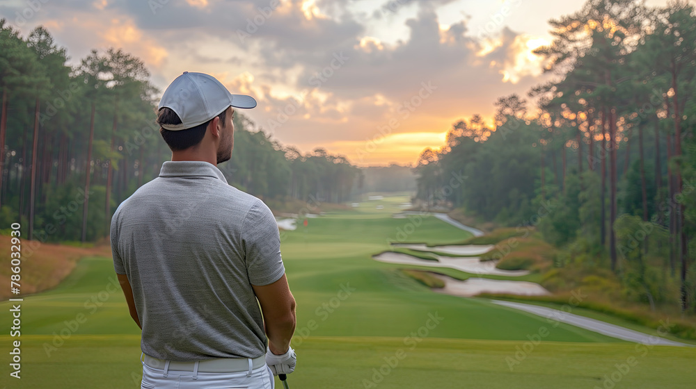 A person standing on a golf course. The person is wearing a white shirt and a white cap, holding a golf club. A person standing on a golf course. The person is wearing a white shirt and a white cap, holding a golf club.