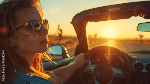 Preety young woman driver driving convertible sports car at sunset © Barosanu