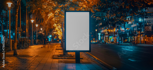 A large white billboard sits on a city street at night