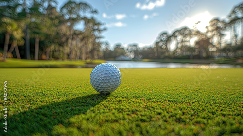 A golf ball sits on the lush green grass of a golf course, with trees and a water hazard in the background. The sunlight creates a serene atmosphere on the course.