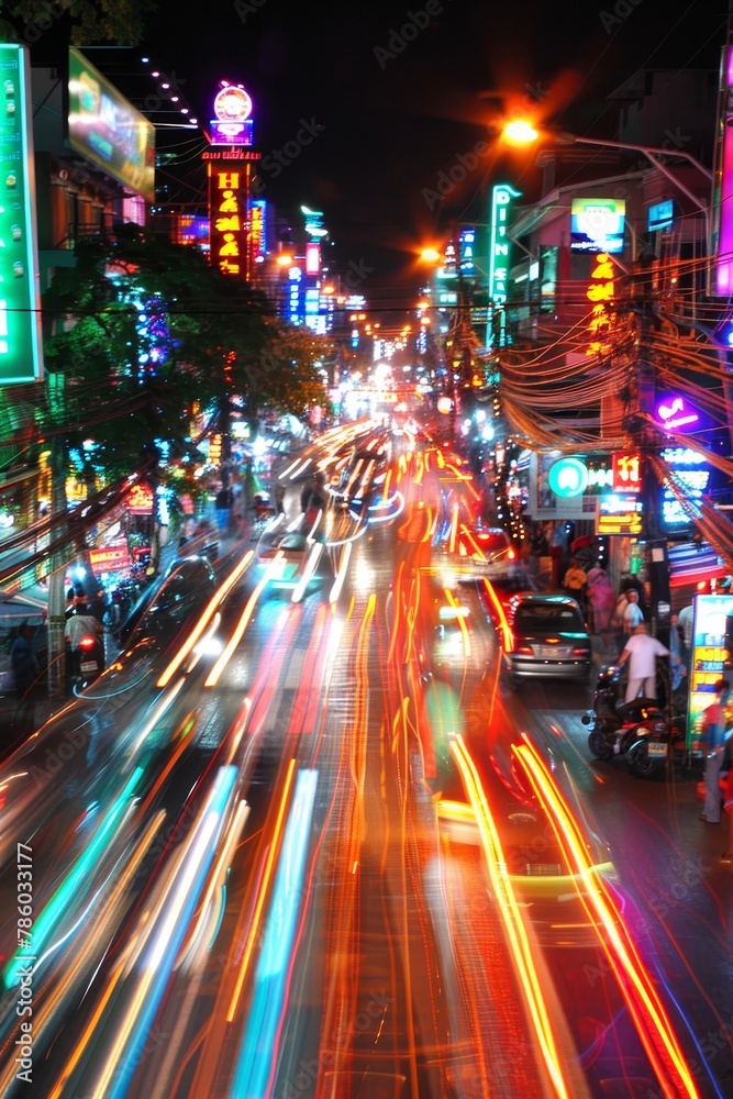 Blurred car lights in city traffic on illuminated highway with long exposure light trails Blurred car lights in city traffic on illuminated highway with long exposure light trails