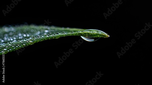 Drop of water on leaves. Plant leaf on a black background with a drop of water on the tip of the leaf