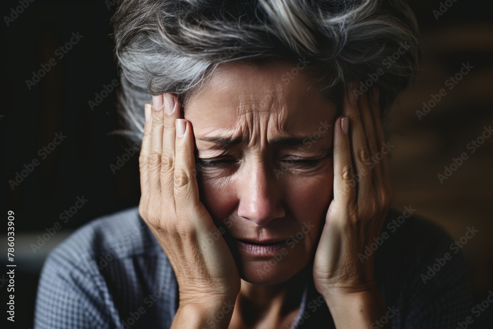 A woman is crying and holding her head A woman is crying and holding her head