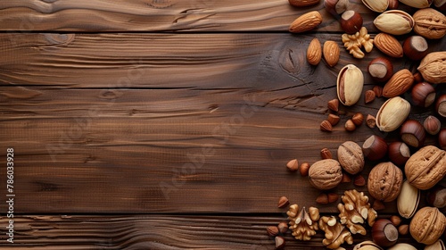 banner Various nuts on wooden brown surface on one up side with copy space