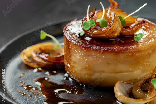 Foie gras flan - served with caramelized onions and fig sauce on black background, gourmet 