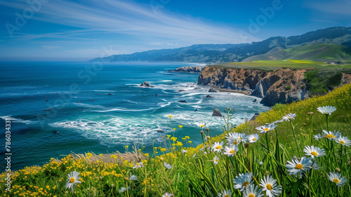 Coastal Cliffs and Wildflower Bloom Seascape 