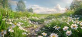 meadow with blooming daisies, summer vibe banner