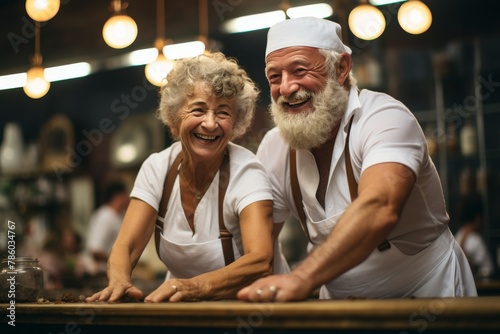 A man and a woman are smiling at the camera in a bakery