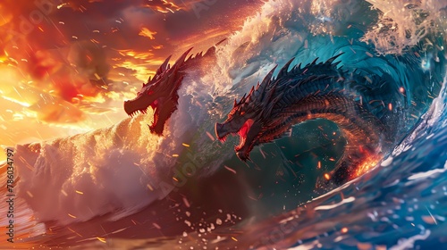 The majestic allure of a dragon surfing a fiery wave in vibrant