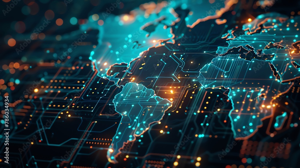 Fototapeta premium World map designed with glowing printed circuits, representing global connectivity, data transfer, and technology