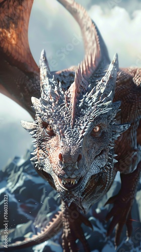 A majestic Dragon from a high-angle view, embodying the concept of fear and courage, using photorealistic digital rendering techniques