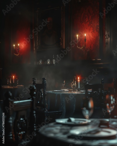 The eerie ambiance of side view intimate dinners in a horror setting with spooky shadows and dim lighting, employing photorealistic digital rendering techniques