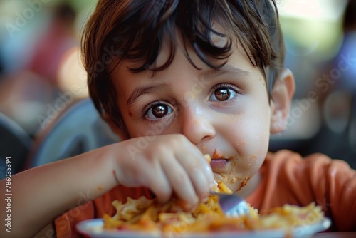 A young child with tousled hair enjoys a meal  eyes sparkling with delight amidst a casual setting  evoking a sense of homey comfort and simple joy