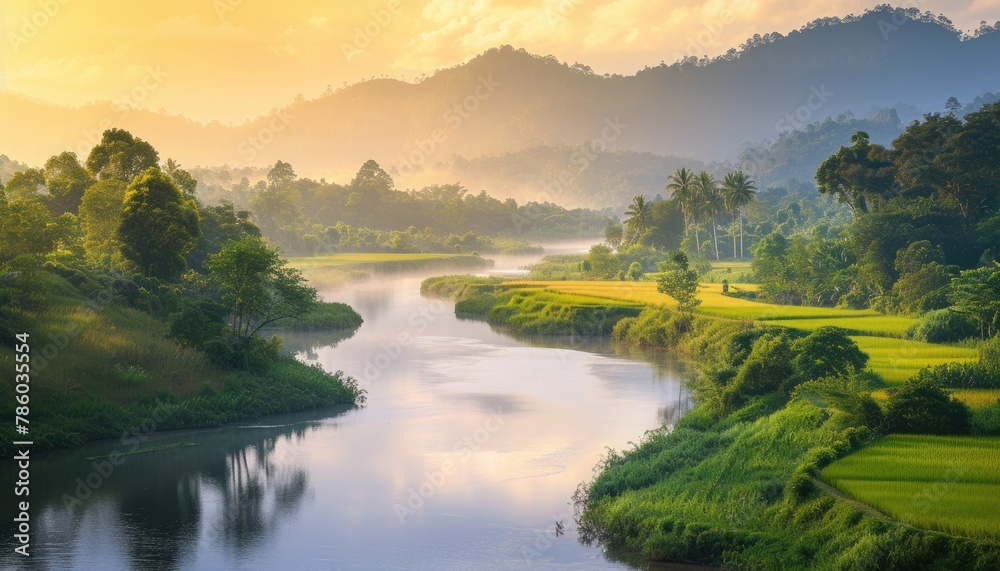Obraz premium A serene landscape with rice fields, a winding river, majestic mountains, calm waters, and lush forests 🌾🏞️✨ Nature's harmony captured in one breathtaking scene. #TranquilBeauty