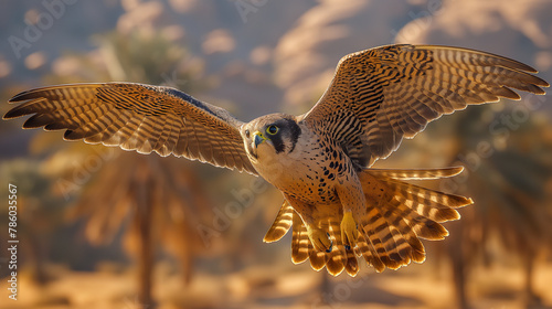 A majestic falcon in action flying towards the lens of the camera