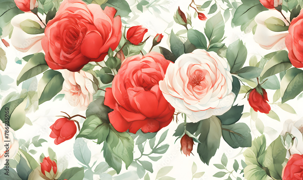 Red roses pattern, watercolor painting, Generative AI
