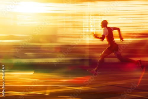 Athletic runner sprinting in an Olympic stadium at sunset, depicted with motion blur to convey speed and intensity © Pairat