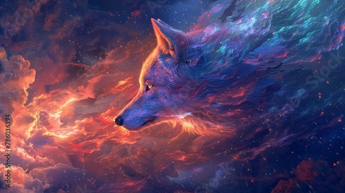 Surreal wolf, neon and iridescent, enveloped in phantasmal psychic waves, under a mystical sky