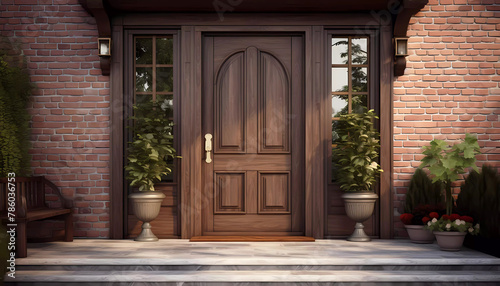 House entrance with beautiful wooden door. Generative ai design concept.