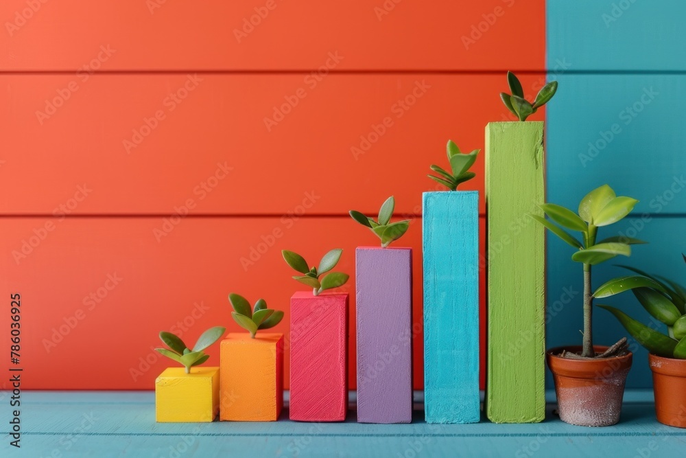 A row of vibrant multicolored blocks with various plants growing out of them, creating a dynamic and eye-catching display of nature and urban elements A row of vibrant multicolored blocks with various plants growing out of them, creating a dynamic and eye-catching display of nature and urban elements