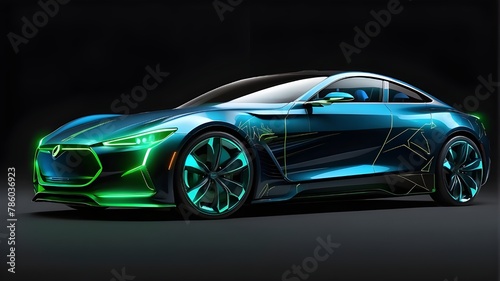 Sketch of a contemporary sport coupe automobile with blue and green lights isolated in a side view on a black backdrop. Conceptual vector drawing for an electric vehicle or self-driving vehicle
