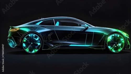 Sketch of a contemporary sport coupe automobile with blue and green lights isolated in a side view on a black backdrop. Conceptual vector drawing for an electric vehicle or self-driving vehicle