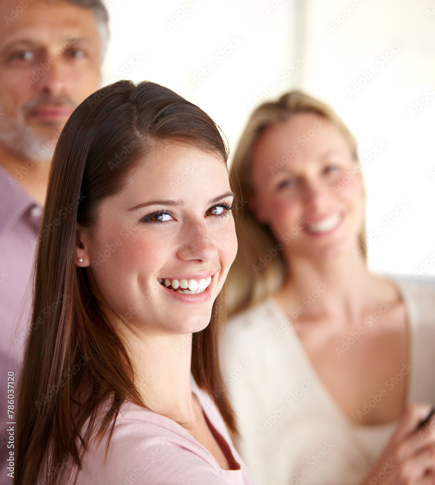 Woman, portrait and confident in office for startup company, employee and pride for career opportunity. Female person, happy and professional at creative business, planning and positive for job Woman, portrait and confident in office for startup company, employee and pride for career opportunity. Female person, happy and professional at creative business, planning and positive for job
