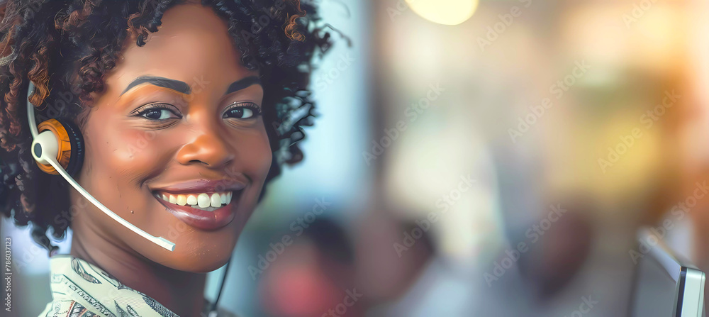 Obraz premium Smiling call center agent working with a headset. Generative ai design concept art.