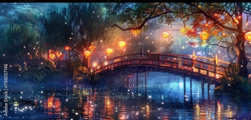 A wooden bridge crossing a tranquil river, adorned with colorful lanterns illuminating the night. photo