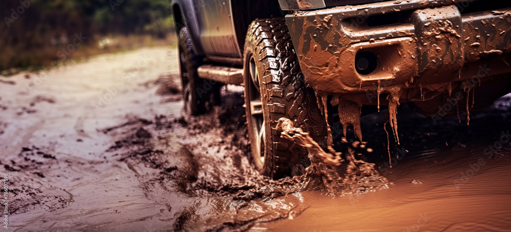 Fototapeta premium Off-road vehicle splashing mud on the road, panoramic image. Generative Ai