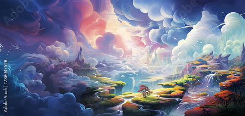 Fantasy landscape with river and mountains in the clouds  panoramic layout. Generative Ai