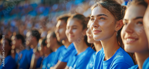 A group of people are sitting in a stadium, all wearing blue shirts