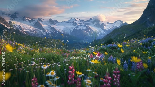 A serene alpine meadow dotted with colorful wildflowers  framed by snow-capped peaks and bathed in the soft glow of the setting sun 