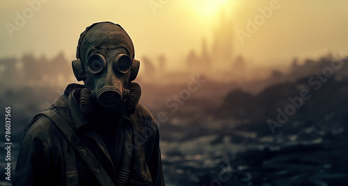 Man in gas mask. Conceptual image of apocalypse, panoramic layout. Generative Ai