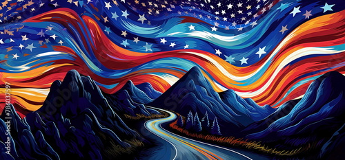 American flag with mountains and stars, panoramic banner for Independence Day. Generative Ai photo