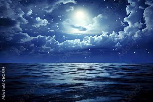 Night sea with starry sky and moon. Generative Ai