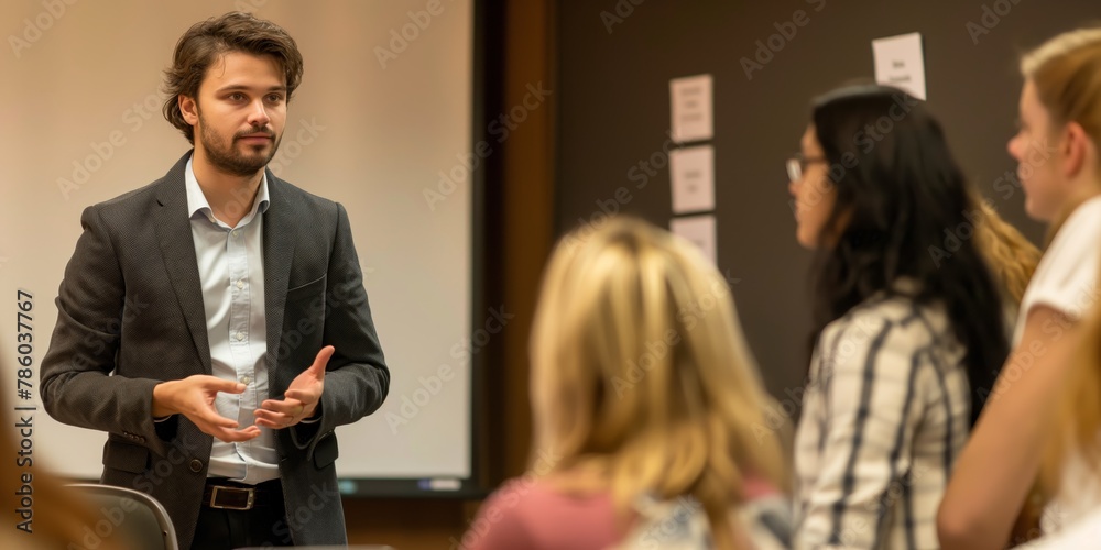 A male presenter at a workshop interacting with participants A male presenter at a workshop interacting with participants