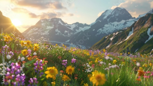 A serene alpine meadow dotted with colorful wildflowers, framed by snow-capped peaks and bathed in the soft glow of the setting sun, © Amer